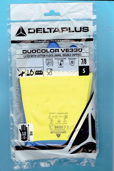 Venitex gants de Ménage renforcés Duocolor bleu jaunes 7/8 S VE330