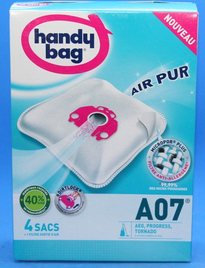 Sacs Aspirateur A07 X4 - Compatible AEG, Progress, Tornado - Haute Filtration 99,99%, Fermeture Facile - 12